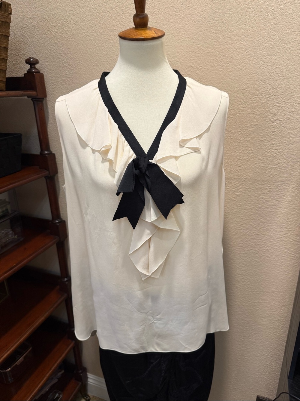 CHANEL Cream Sleeveless Vintage  Ruffled Blouse with Black Bow